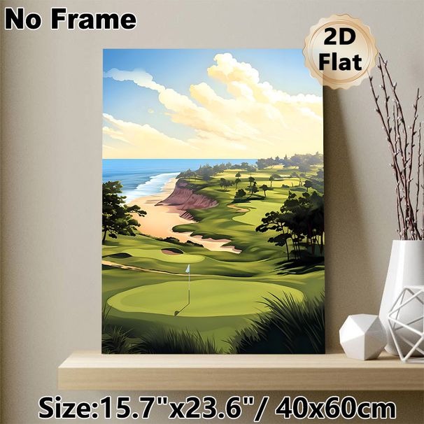 Coastal Golf Course Painting Poster, Serene Soft-illustrated Seaside Golf Course Scene Poster, Calming Scenic Decor Ideal For Home, Office & Golf Club_maomaolike.com