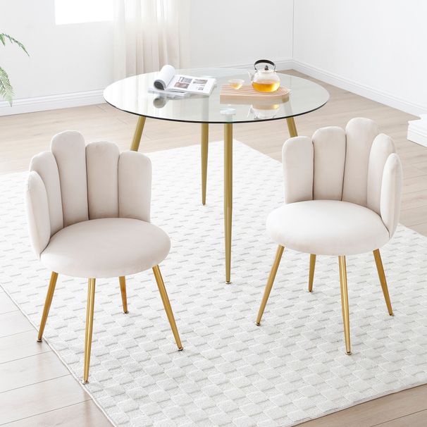 Modern Velvet Dining Chairs Set Of 2, Upholstered Woven Dining Chair With Golden Metal Legs, Upholstered Dining Chairs For Dining Room, Kitchen, Vanity, Living Room BEIGE_maomaolike.com