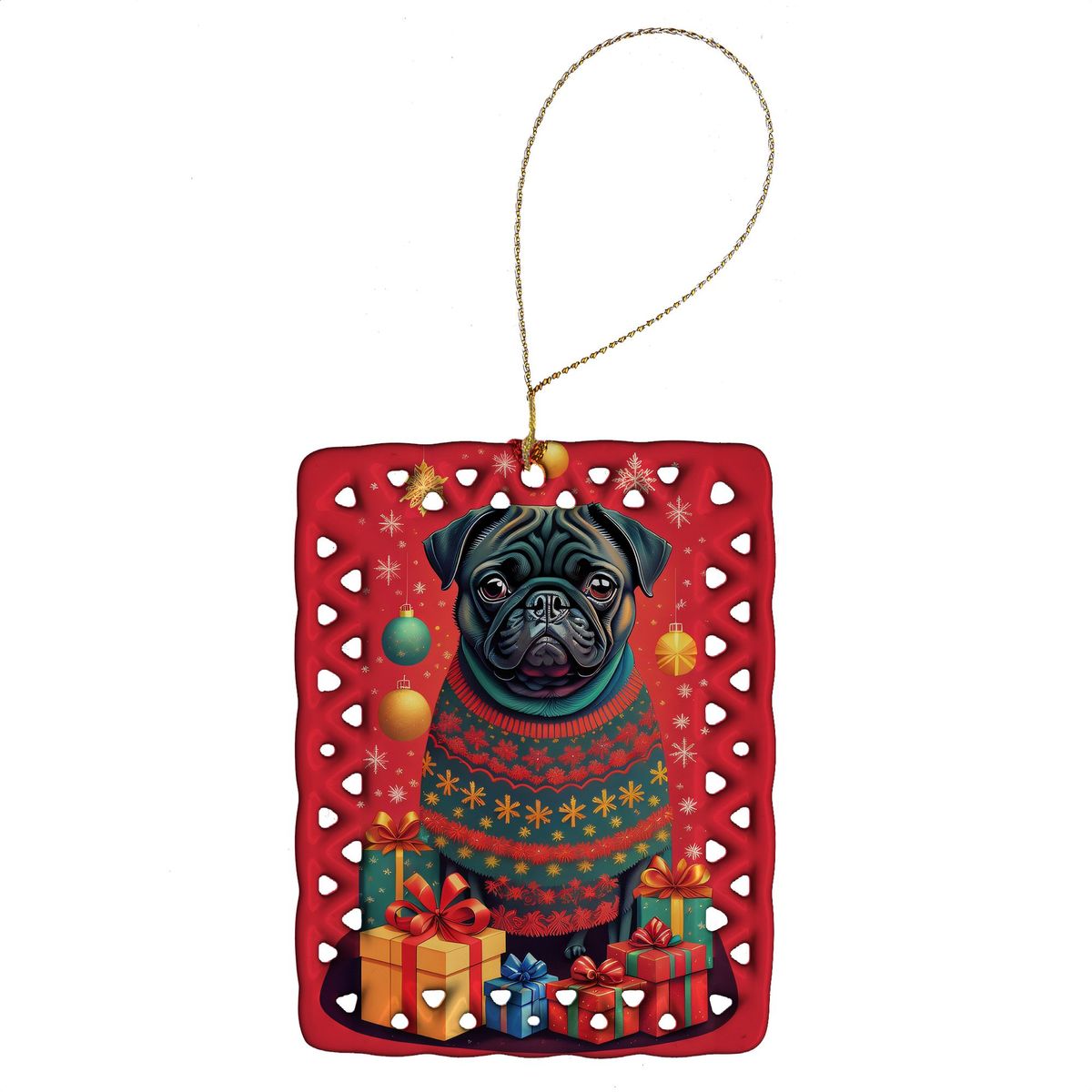 Black Pug Holiday Christmas Porcelain Ornament Christmas Tree Hanging Decorations For Home Christmas Holiday, Rectangle, Gift, Multicolor_maomaolike.com
