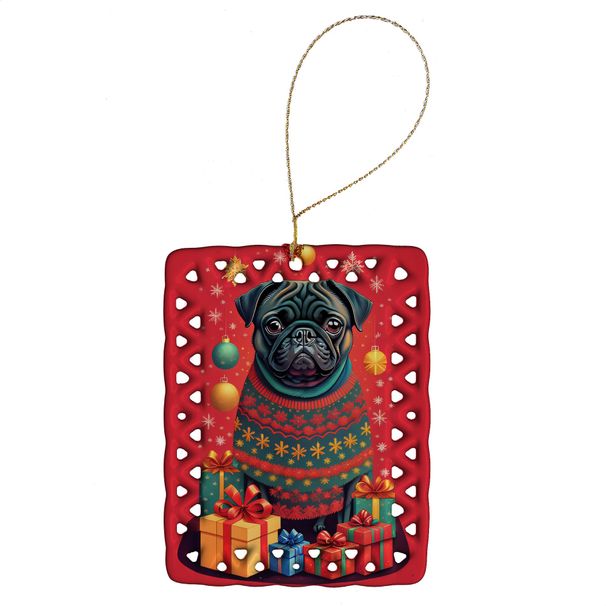 Black Pug Holiday Christmas Porcelain Ornament Christmas Tree Hanging Decorations For Home Christmas Holiday, Rectangle, Gift, Multicolor_maomaolike.com