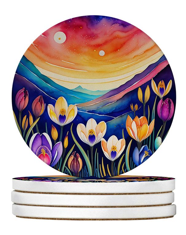 Colorful Crocus Large Sandstone Coasters Pack Of 4 Absorbent Round Coasters Decor Gifts For Men Or Women, 4 In, Multicolor_maomaolike.com