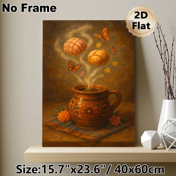 Mexican Hot Cup & Pan Dulce Painting Poster, Warm-toned Vintage Artistic Poster, Whimsical Scene With Butterflies And Flowers, Cozy Nostalgic Decor_maomaolike.com