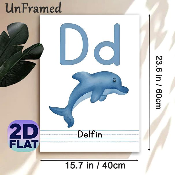 Letter D Dolphin Painting Poster, Soft Watercolor Style Dolphin & Letter Dd Poster, Facilitates Alphabet Learning, Ideal For Study Spaces_maomaolike.com