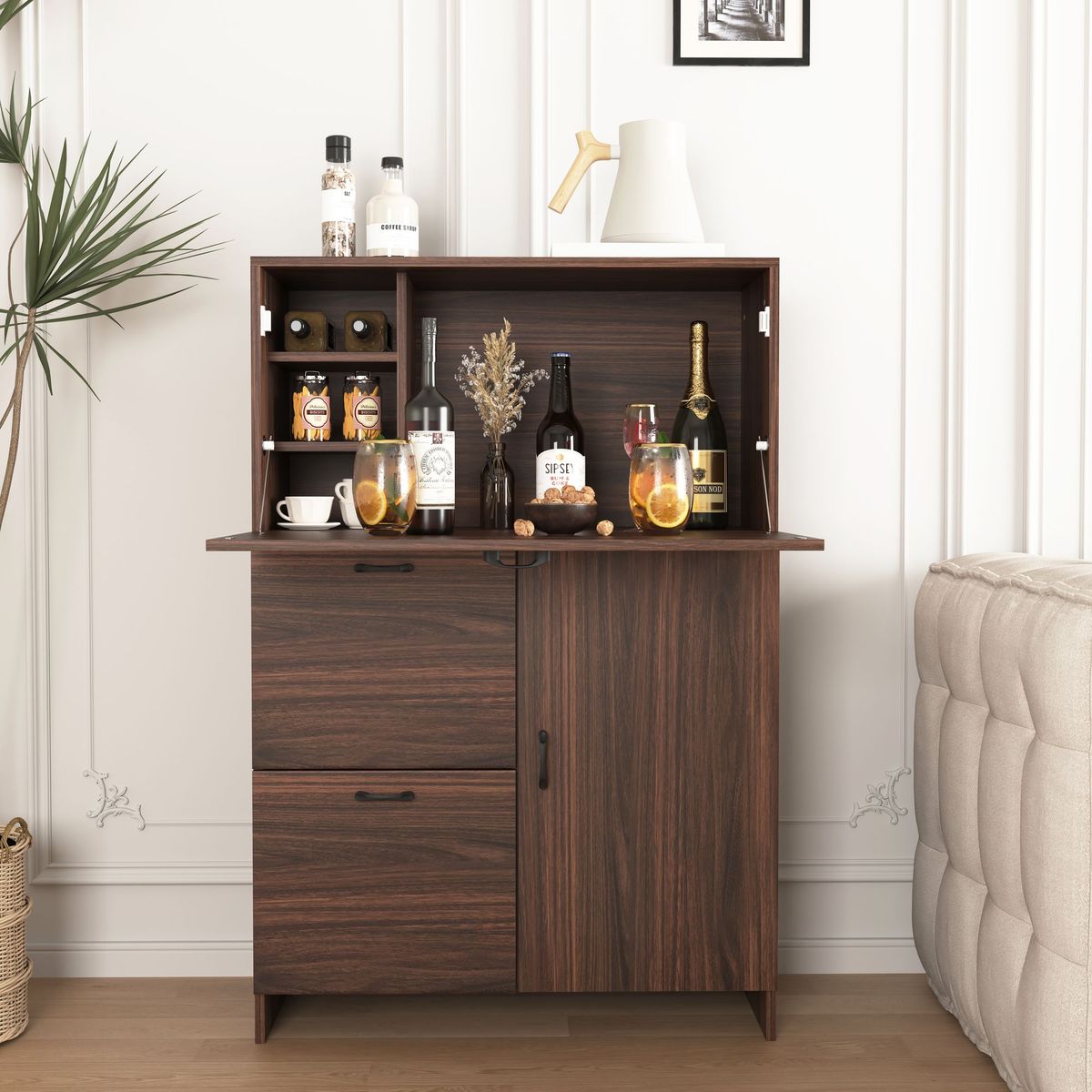 Bar Cabinet With Storage Drawer & Shelves, Fold-up Desktop, Ideal For Home,Dormitory, Small Spaces_maomaolike.com