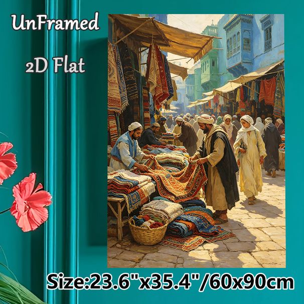 Middle Eastern Bazaar Painting Poster, Vibrant Oil-painting Style Bustling Market Scene Poster, Captures Lively Daily Life With Colorful Textiles_maomaolike.com