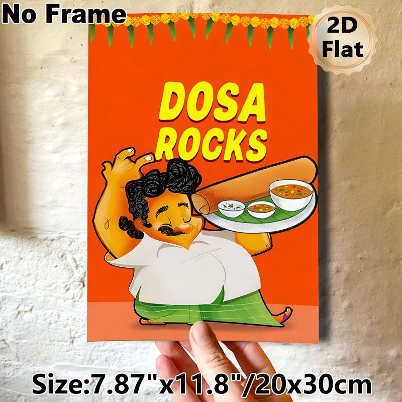 Dosa Themed Painting Poster, Vibrant Cartoon Style Poster, Cheerful Server Holding Dosa & Condiments, Eye-catching Culinary Decor Ideal For_maomaolike.com