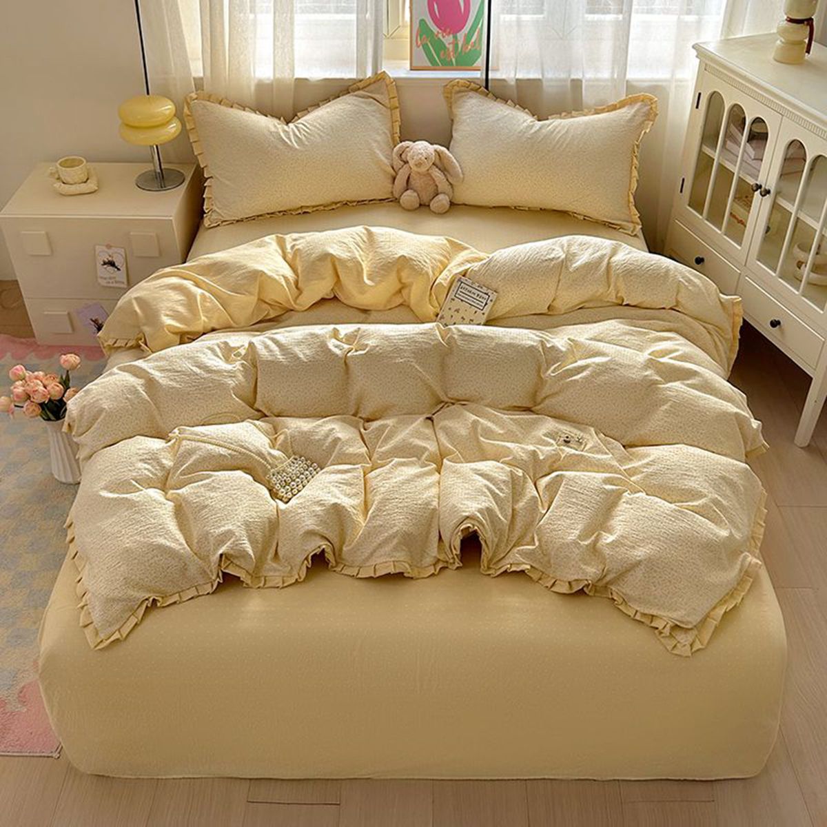High Weight Wrinkled Yarn Four-Piece Set Solid Color Duvet Cover Bed Sheet_maomaolike.com
