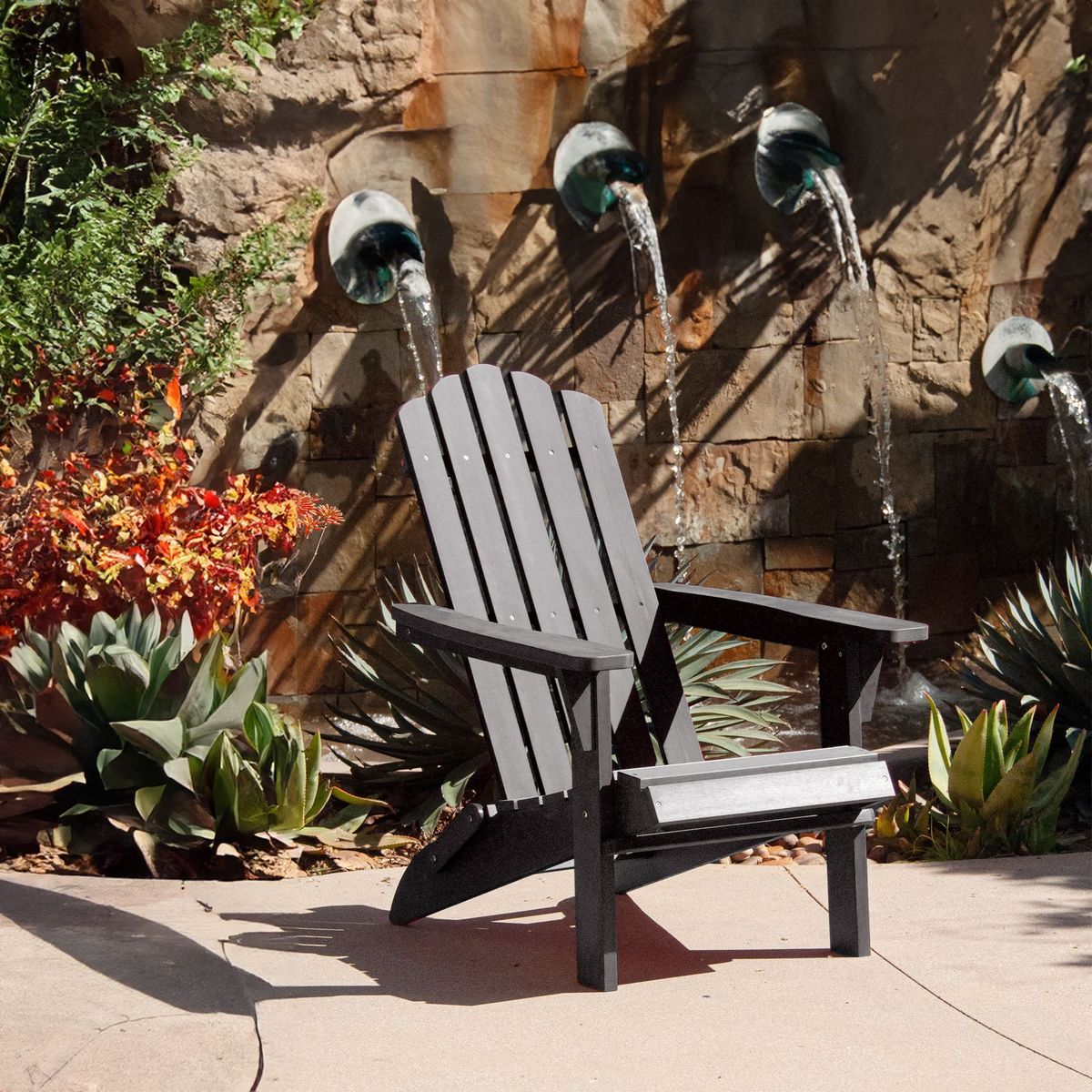 HIPS Folding Adirondack Chair, Durable Weather Resistant, No Pins Needed, 300 Lb Capacity, Black_maomaolike.com