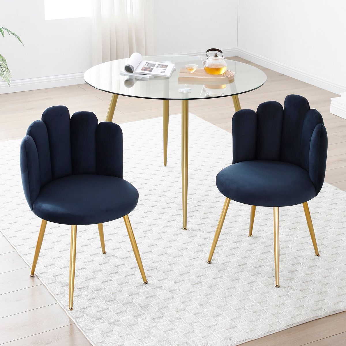 Modern Velvet Dining Chairs Set Of 2, Upholstered Woven Dining Chair With Golden Metal Legs, Upholstered Dining Chairs For Dining Room, Kitchen, Vanity, Living Room BLACK_maomaolike.com