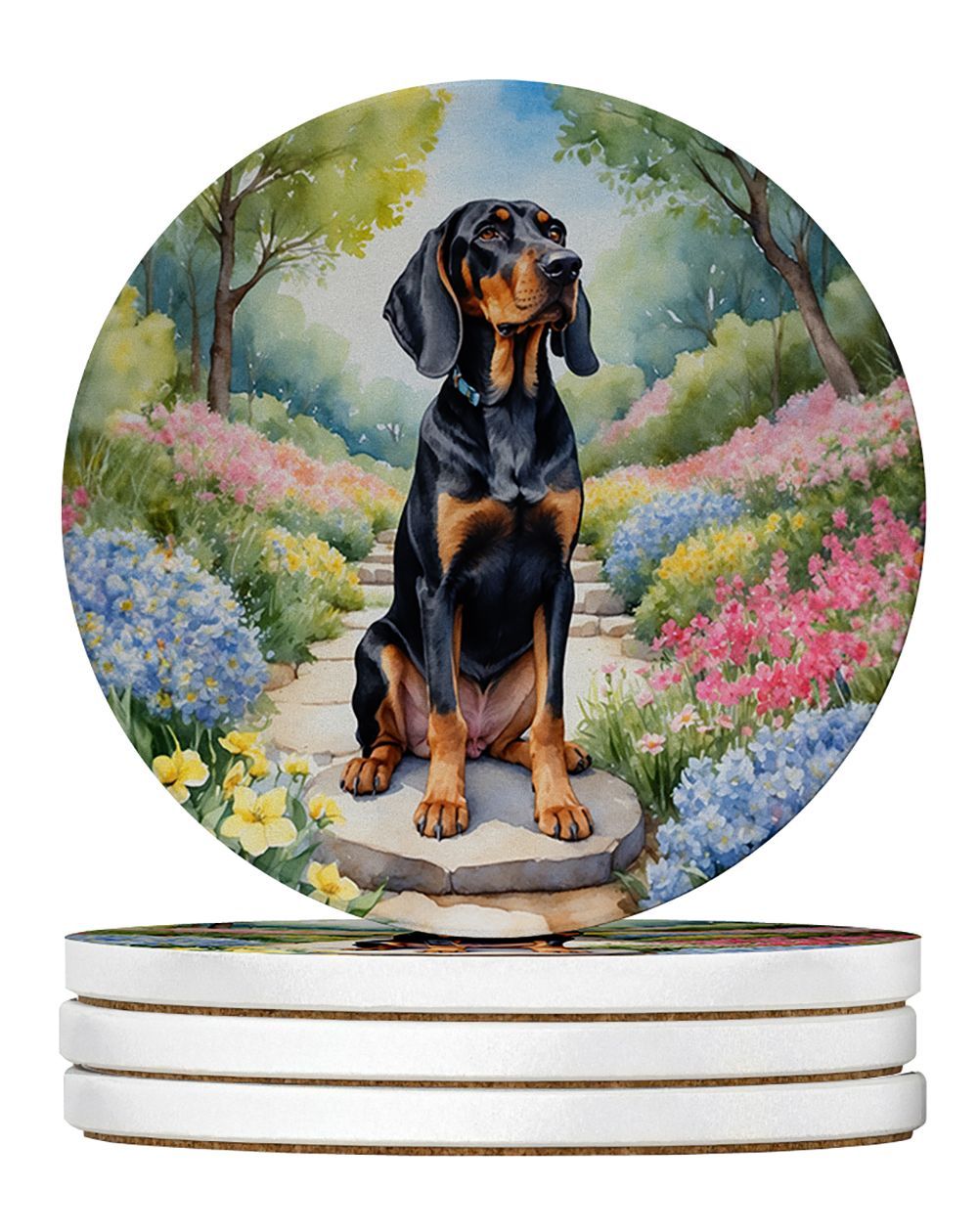 Black And Tan Coonhound Spring Path Large Sandstone Coasters Pack Of 4 Absorbent Round Coasters Decor Gifts For Men Or Women, 4 In, Multicolor_maomaolike.com