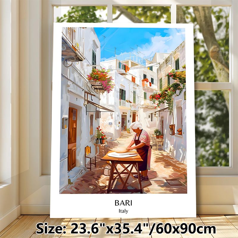 Bari Italy Townscape Painting Poster, Warm Vibrant Illustrated Mediterranean Alley Scene Poster, Captures Cozy Local Daily Life, Ideal For Living_maomaolike.com