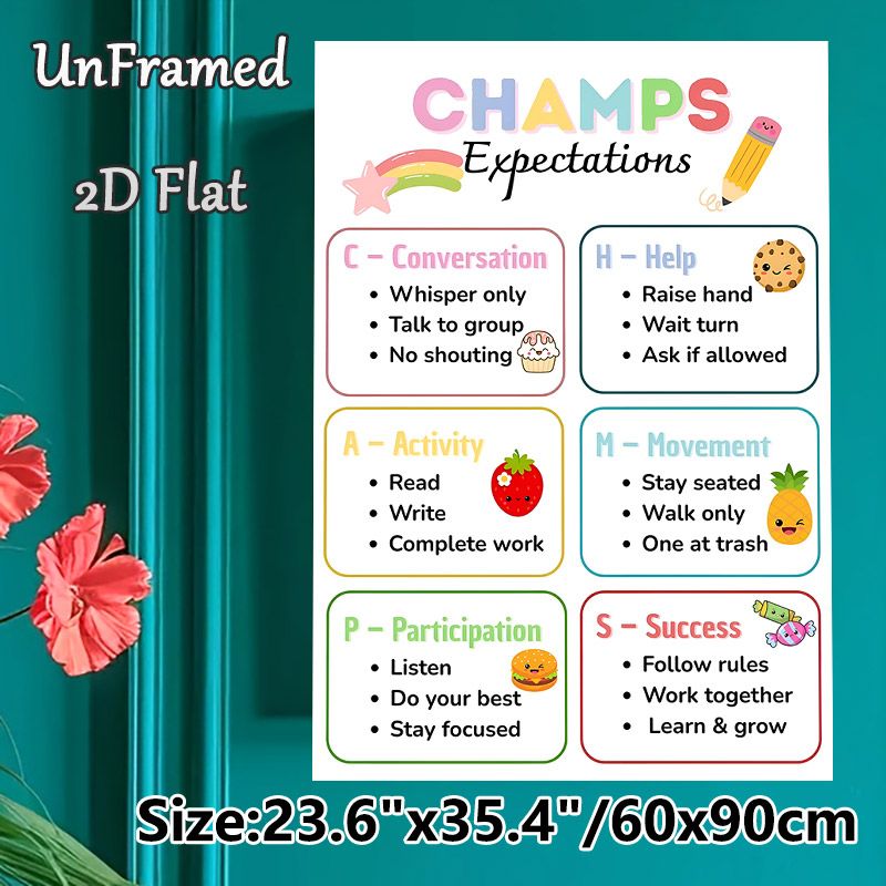 CHAMPS Expectations Painting Poster, Soft-toned Cute Cartoon Classroom Rules Poster, Clear Behavior Guidelines To Maintain Orderly Learning_maomaolike.com