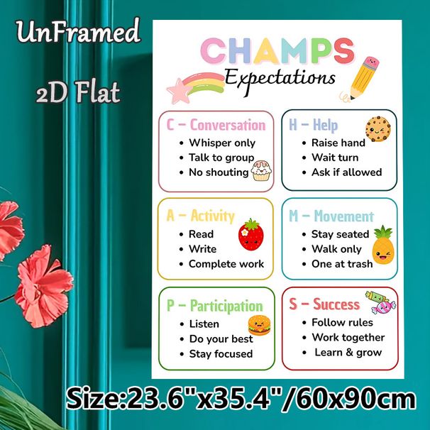 CHAMPS Expectations Painting Poster, Soft-toned Cute Cartoon Classroom Rules Poster, Clear Behavior Guidelines To Maintain Orderly Learning_maomaolike.com