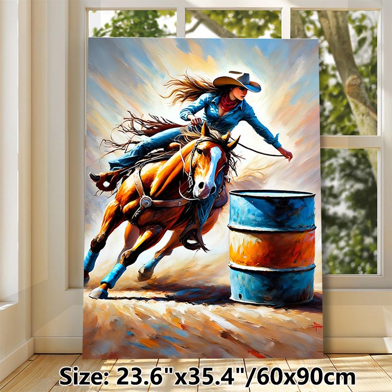 Barrel Racing Cowgirl Painting Poster, Vibrant Dynamic Oil Painting Style Poster, Captures Energetic Western Riding Action, Ideal For Living Room And_maomaolike.com