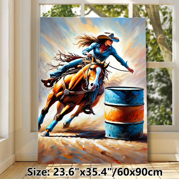 Barrel Racing Cowgirl Painting Poster, Vibrant Dynamic Oil Painting Style Poster, Captures Energetic Western Riding Action, Ideal For Living Room And_maomaolike.com