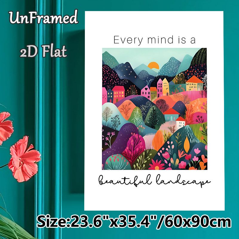 Whimsical Village Landscape Painting Poster, Vibrant Folk Art Style Poster, Colorful Hills & Houses With Inspirational Quote, Charming Wall Decor For_maomaolike.com
