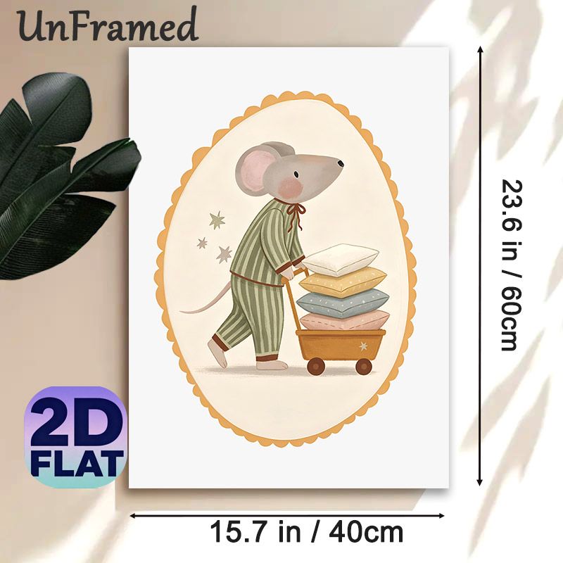 Sleepy Mouse Painting Poster, Warm-toned Whimsical Poster, Soft Cozy Design Featuring Mouse In Striped Pajamas Pushing Pillow Cart, Ideal For Bedroom_maomaolike.com