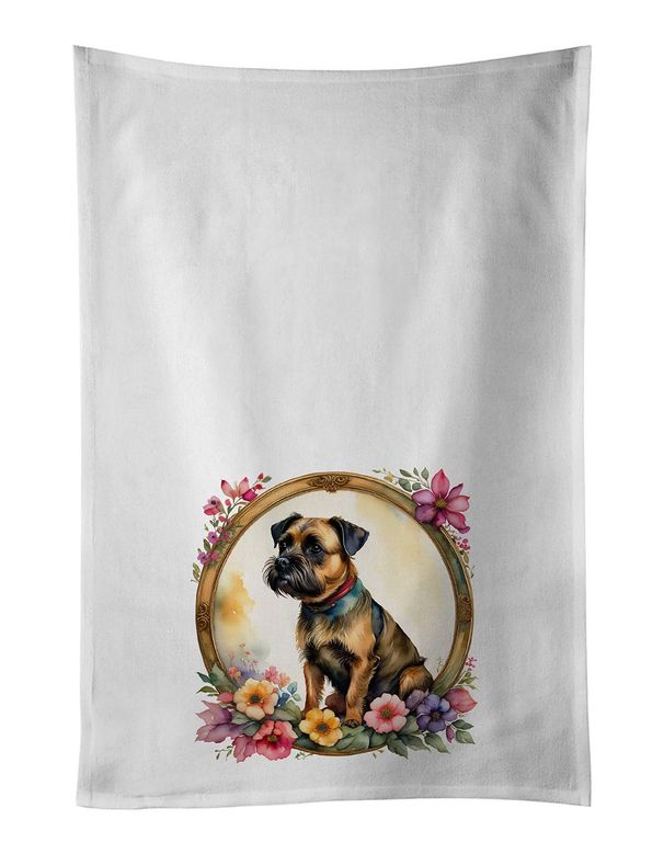 Border Terrier And Flowers Kitchen Towel Set Of 2 White Dish Towels Decorative Bathroom Hand Towel For Hand, Face, Hair, Yoga, Tea, Dishcloth, 19 X 28", White_maomaolike.com
