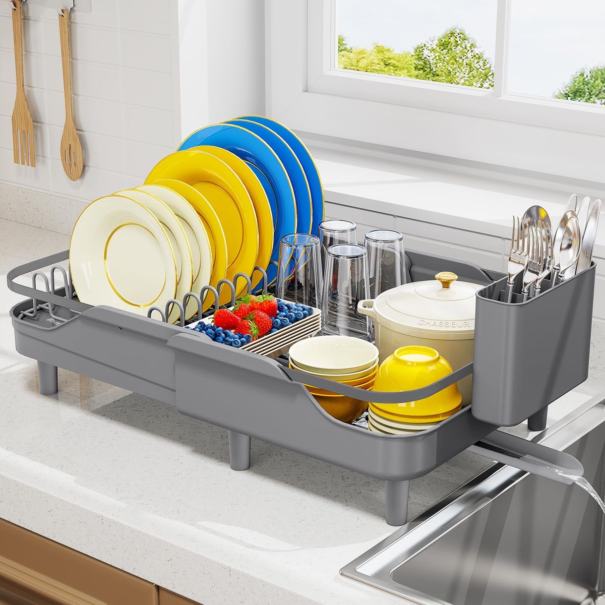 Urackify Expandable Dish Drying Rack For Kitchen Counter, 16.2-23.7", Black_maomaolike.com