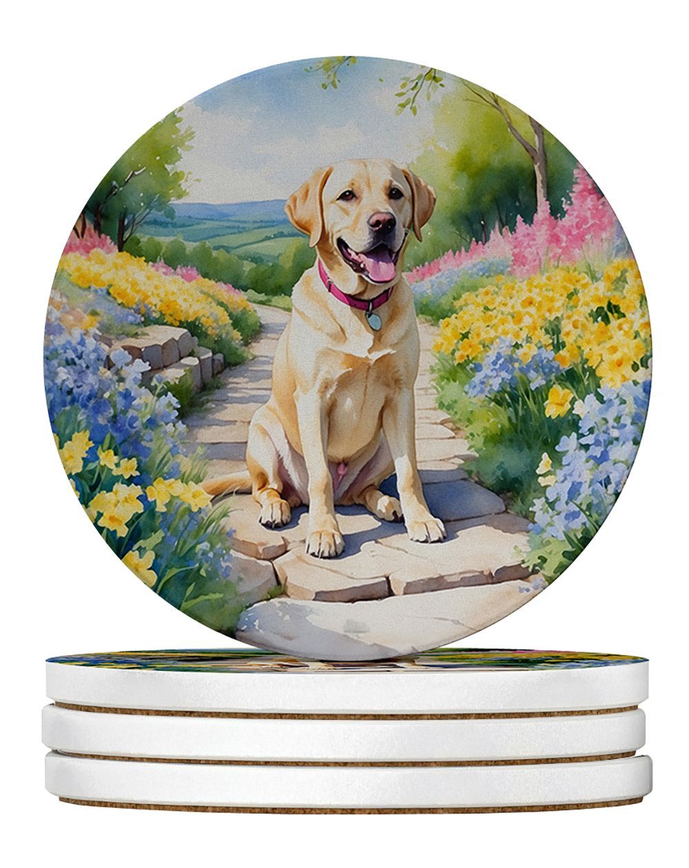 Labrador Retriever Spring Path Large Sandstone Coasters Pack Of 4 Absorbent Round Coasters Decor Gifts For Men Or Women, 4 In, Multicolor_maomaolike.com