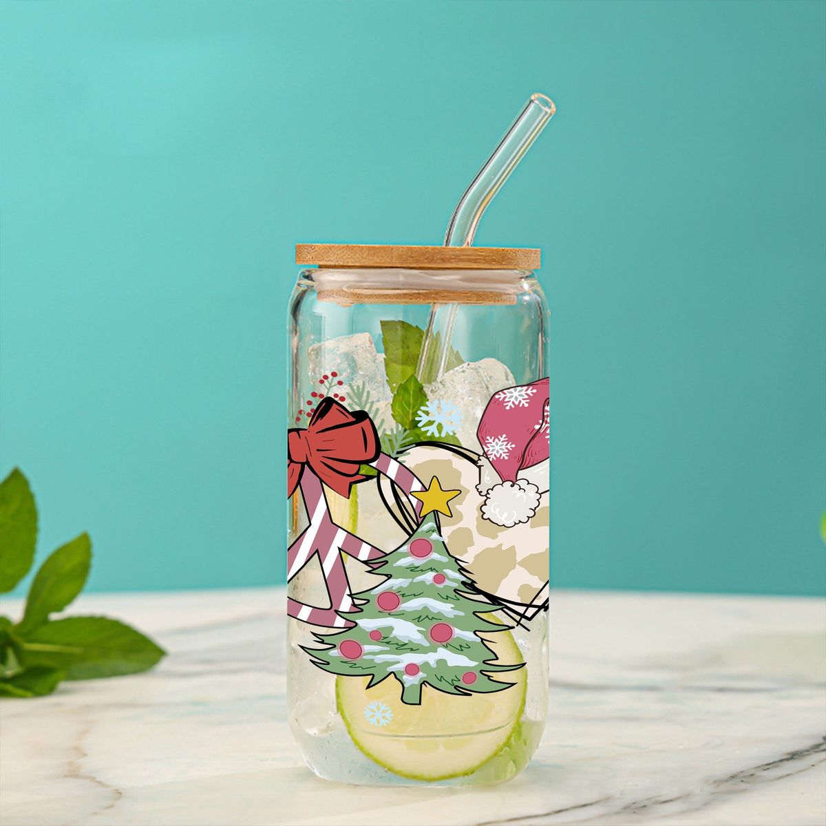 Christmas Themed 16oz Borosilicate Glass Cup With Bamboo Lid & Straw - Stylish Ins Aesthetic Drinkware For Holiday Gifts_maomaolike.com