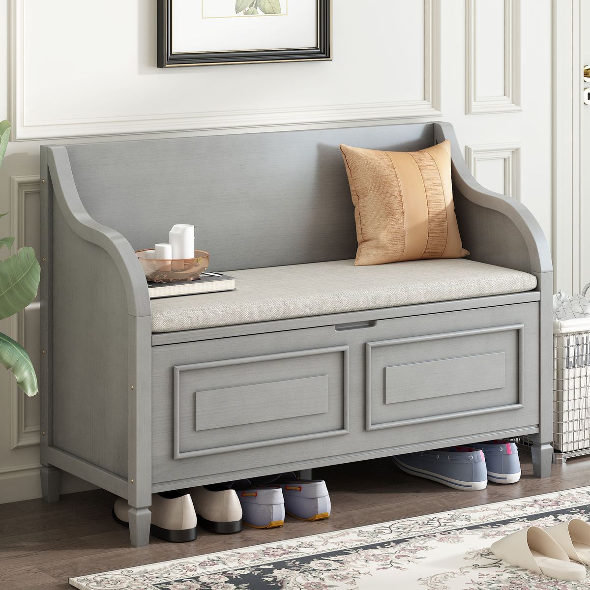 Rustic Style Solid Wood Entryway Multifunctional Storage Bench With Safety Hinge_maomaolike.com