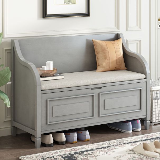 Rustic Style Solid Wood Entryway Multifunctional Storage Bench With Safety Hinge_maomaolike.com