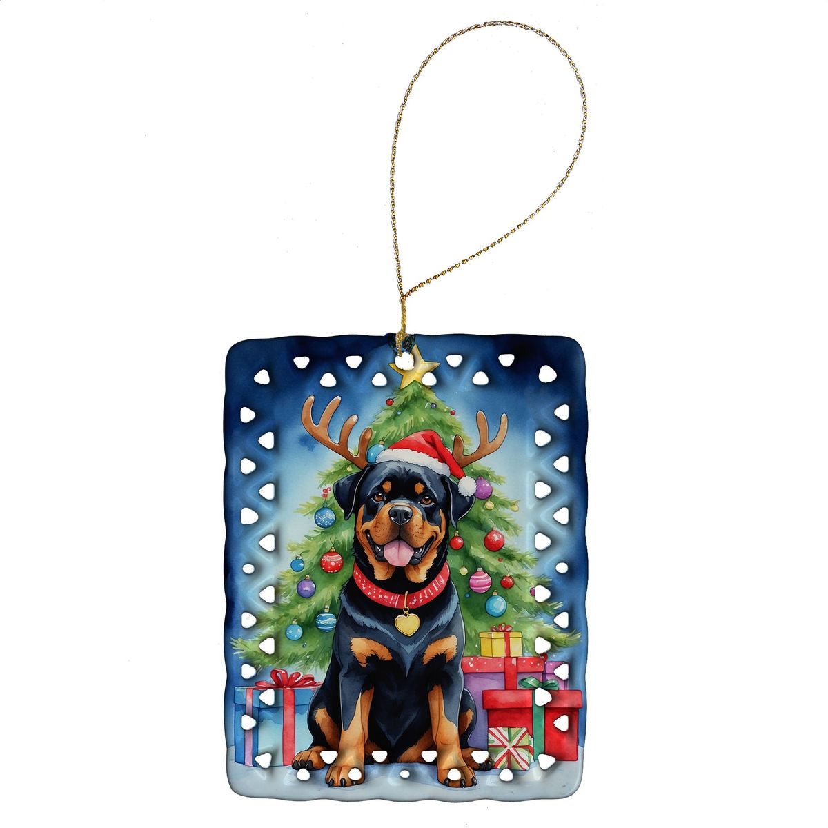 Rottweiler Christmas Reindeer Porcelain Ornament Christmas Tree Hanging Decorations For Home Christmas Holiday, Rectangle, Gift, Multicolor_maomaolike.com