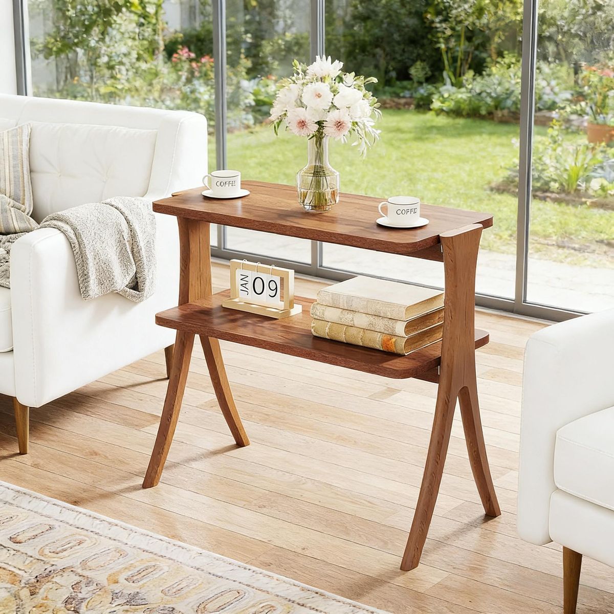 Wood End Table, Farmhouse Side Table With 2-Tier Storage Shelf_maomaolike.com