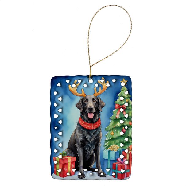 Curly-Coated Retriever Christmas Reindeer Porcelain Ornament Christmas Tree Hanging Decorations For Home Christmas Holiday, Rectangle, Gift, Multicolor_maomaolike.com