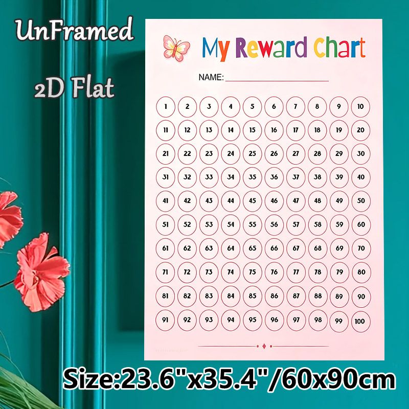 Reward Chart Themed Painting Poster, Pastel Pink Cute Butterfly Accented Numbered Reward Poster, Practical Tool To Track Progress And Encourage_maomaolike.com