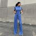 Women's Clothing slim T-shirt high waist blue pleated mopping pants casual _maomaolike.com