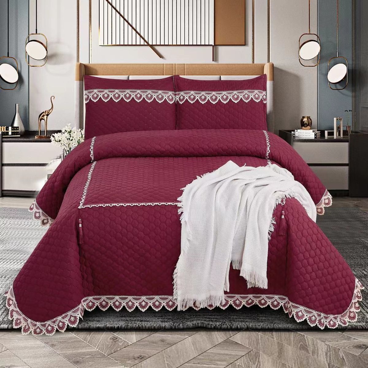 5pcs Big Lace Edge European Noble Bedding Set, Tassel Pendant ,Bamboo Fiber Bedspread Set_maomaolike.com