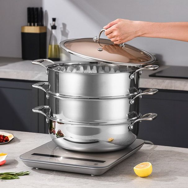 SOGA 3 Tier 32cm Heavy Duty Stainless Steel Food Steamer Vegetable Pot Stackable Pan Insert With Glass Lid_maomaolike.com