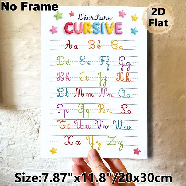 French Cursive Alphabet Painting Poster, Vibrant Colorful Star-adorned Cursive Chart Poster, Supports Cursive Writing Learning, Ideal For Study Areas_maomaolike.com