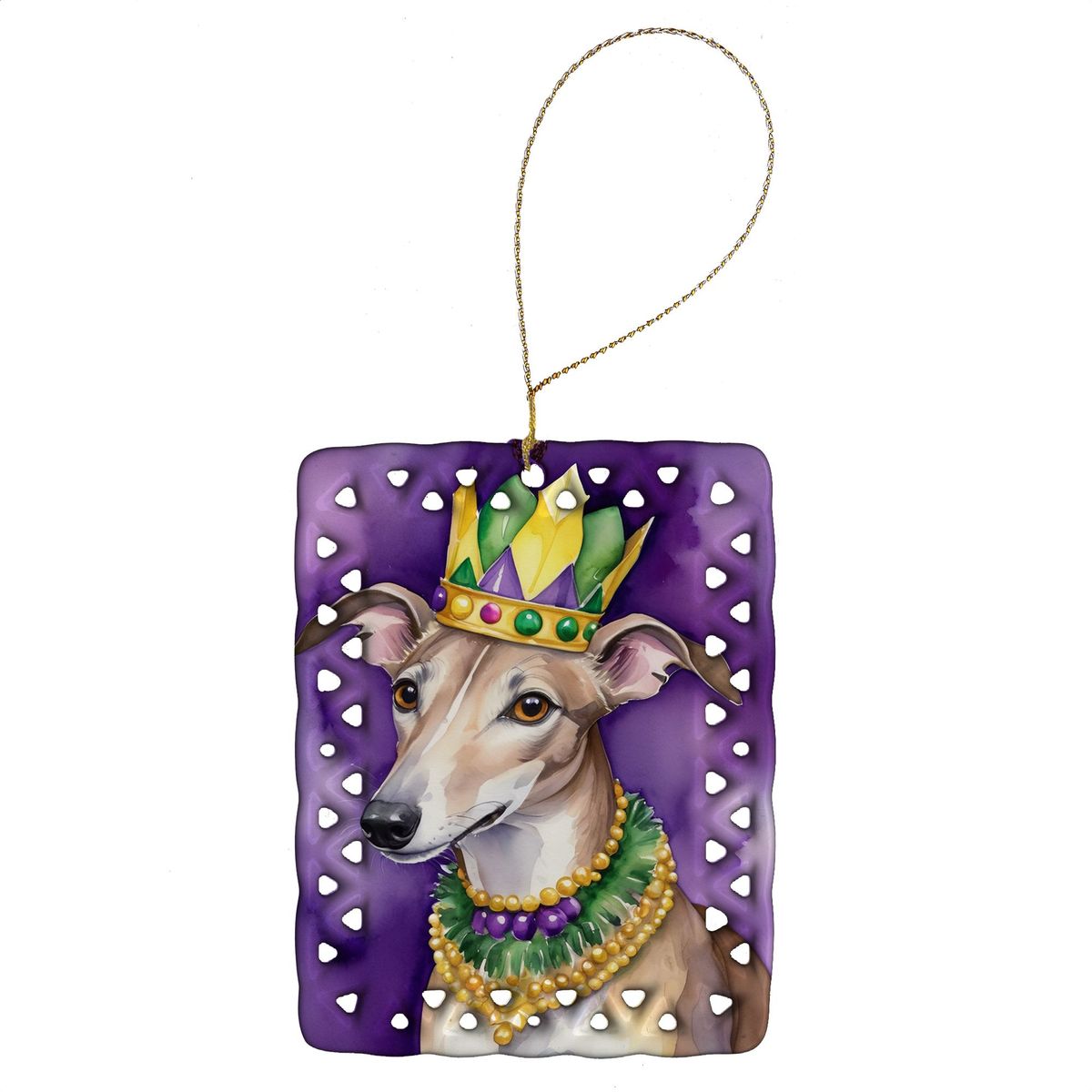 Greyhound King Of Mardi Gras Porcelain Ornament Christmas Tree Hanging Decorations For Home Christmas Holiday, Rectangle, Gift, Multicolor_maomaolike.com