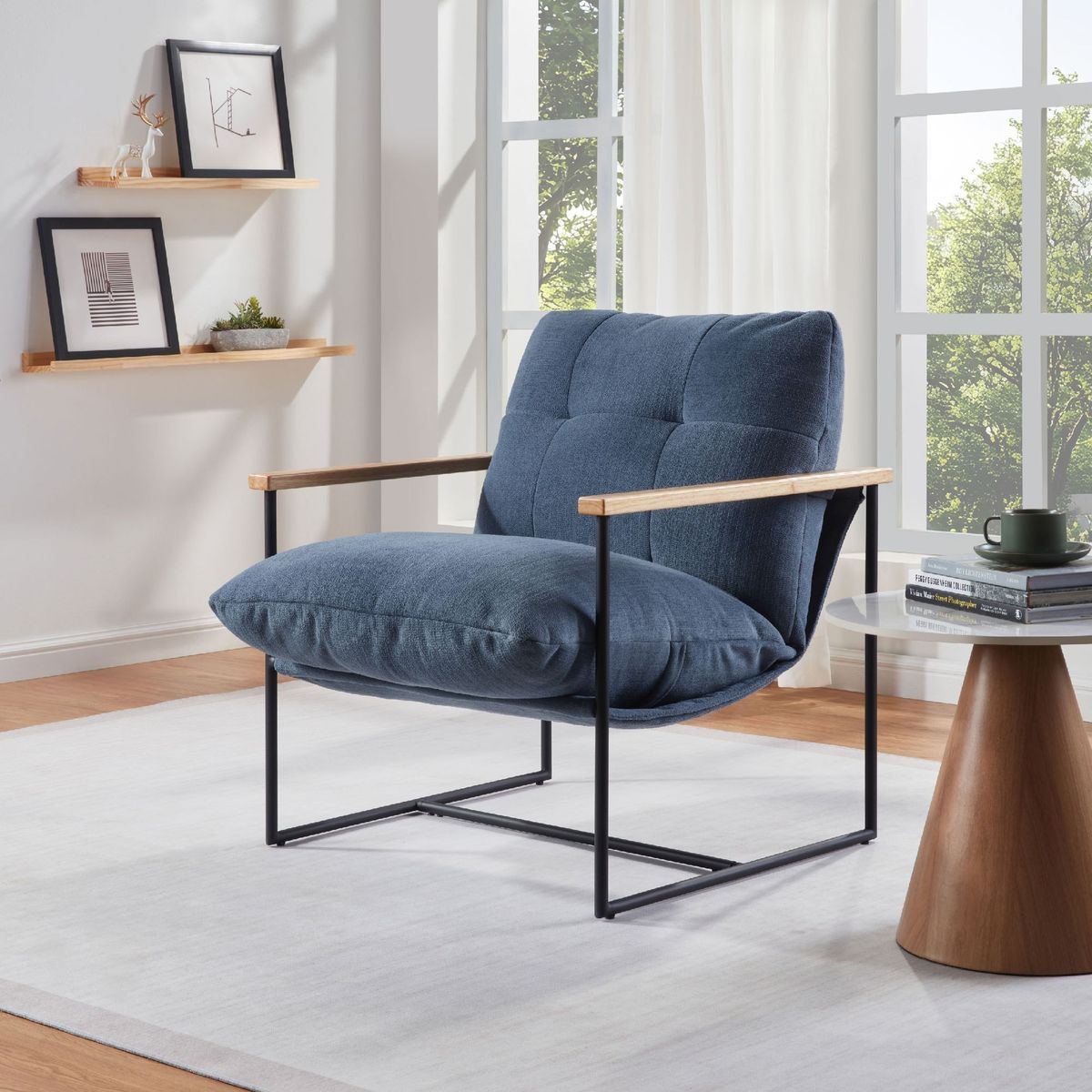 Modern Accent Chair, Comfy Chair With Removable Cushion, Vanity Chair With Wood Armrests For Living Room, Bedroom, Blue_maomaolike.com
