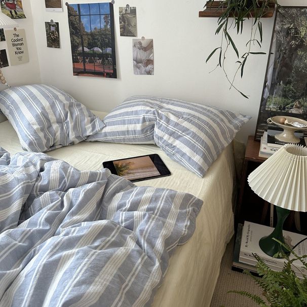 Wholesale INS Japanese Simple Mixed Striped Pure Four-Piece Nordic Style Full Yarn-Dyed Washed Cotton 4-Piece Set_maomaolike.com