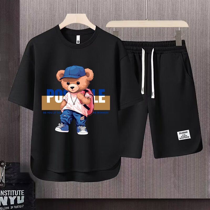 Men's Clothing 2024 Waffle Casual Summer Suit Men's Loose Teen Short sleeved T shirt Shorts Handsome Two piece Suit_maomaolike.com