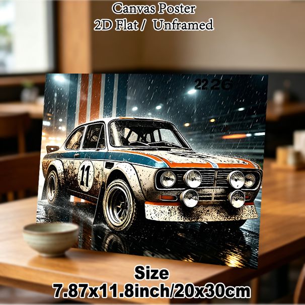 Vintage Rally Car Painting Poster, Moody Rainy Night Gritty Race Car Scene Poster, Realistic Dynamic Automotive Artwork Ideal For Garage, Man Cave Or_maomaolike.com