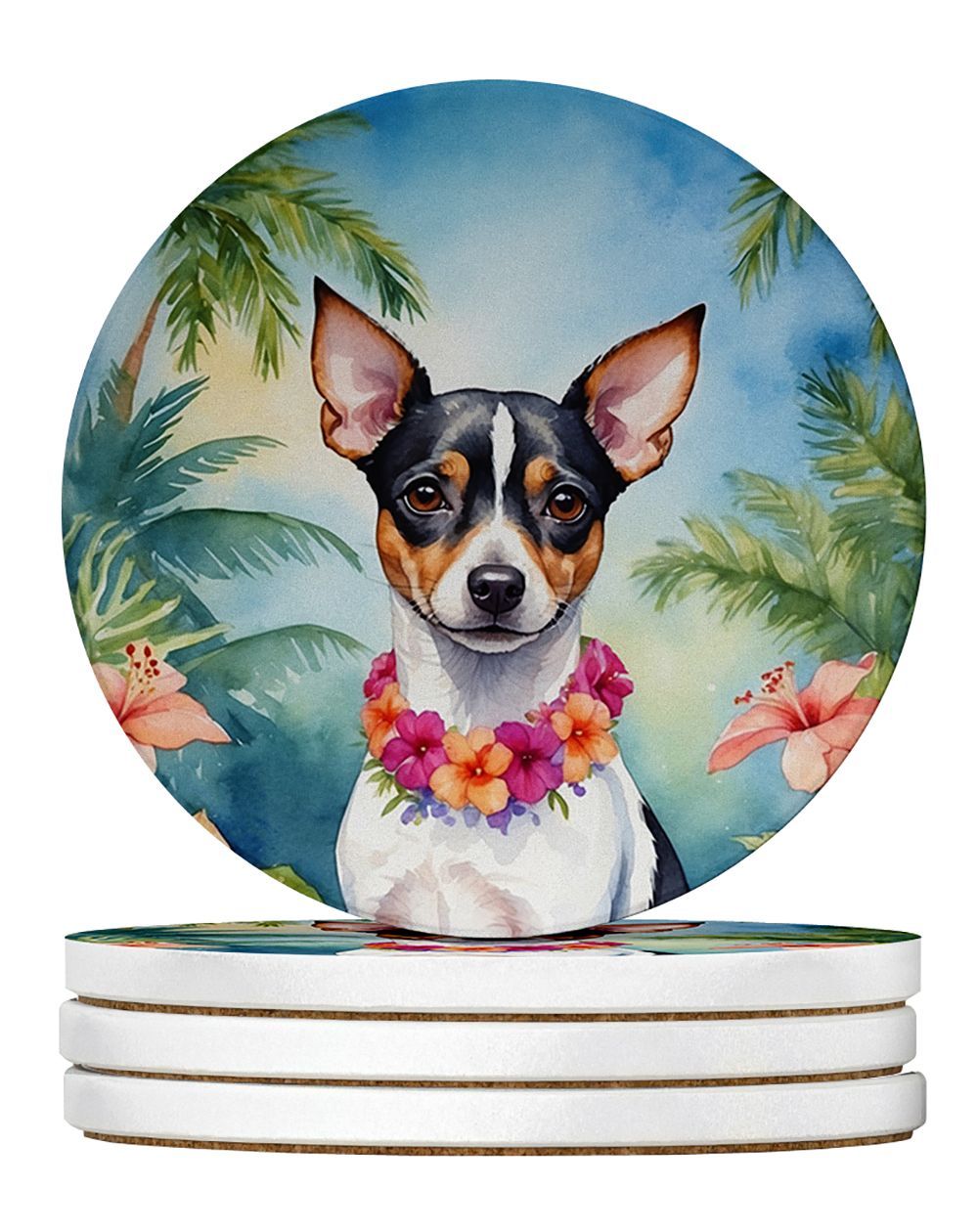 Rat Terrier Luau Large Sandstone Coasters Pack Of 4 Absorbent Round Coasters Decor Gifts For Men Or Women, 4 In, Multicolor_maomaolike.com