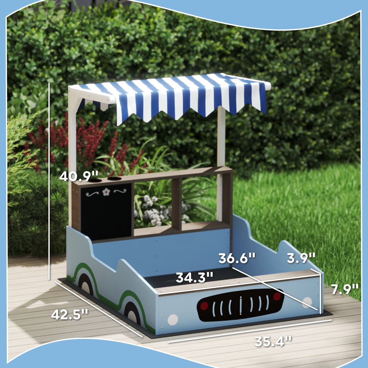 Kids Wooden Sandbox With Canopy With Bench Seats, Bottom Liner, Drawing Board, Planting Boxes For Backyard, Garden, Blue_maomaolike.com