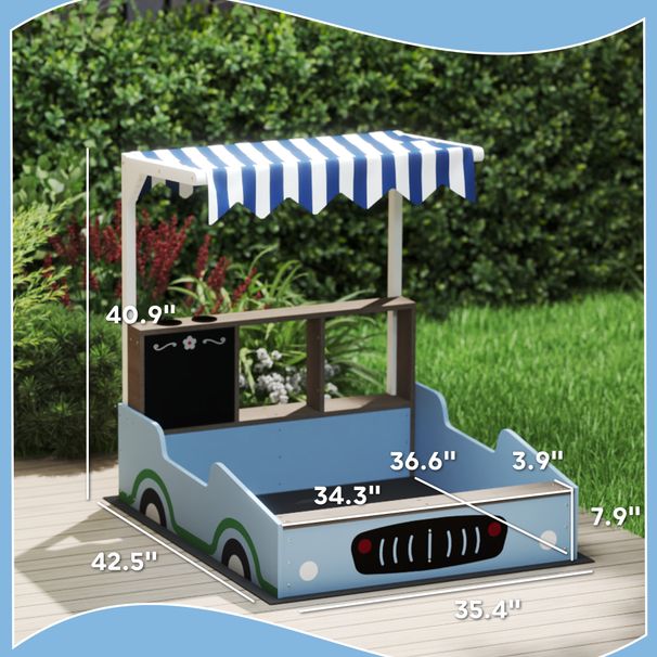 Kids Wooden Sandbox With Canopy With Bench Seats, Bottom Liner, Drawing Board, Planting Boxes For Backyard, Garden, Blue_maomaolike.com
