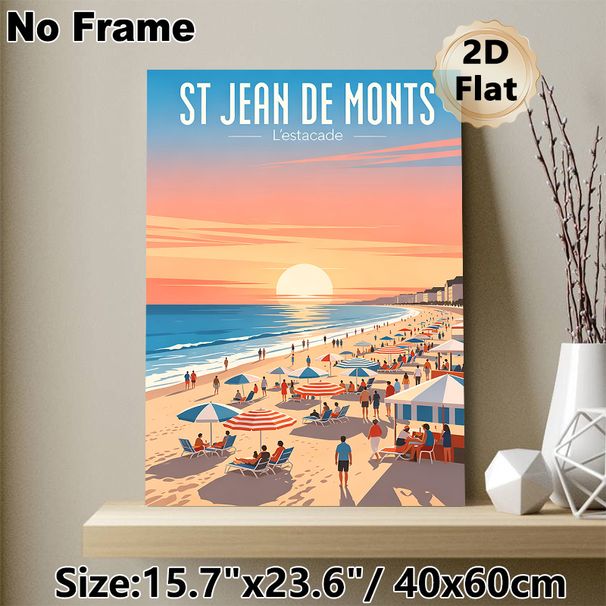 St Jean De Monts Beach Sunset Painting Poster, Vibrant Retro-style Bustling Beach Scene Poster, Evokes Warm Coastal Leisure Mood, Ideal For Home And_maomaolike.com