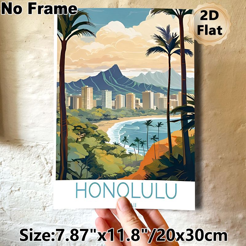 Honolulu Hawaii Coastal City Painting Poster, Vibrant Stylized Tropical Coastal Cityscape Poster, Infuses Calm Tropical Ambiance, Suitable For Home_maomaolike.com