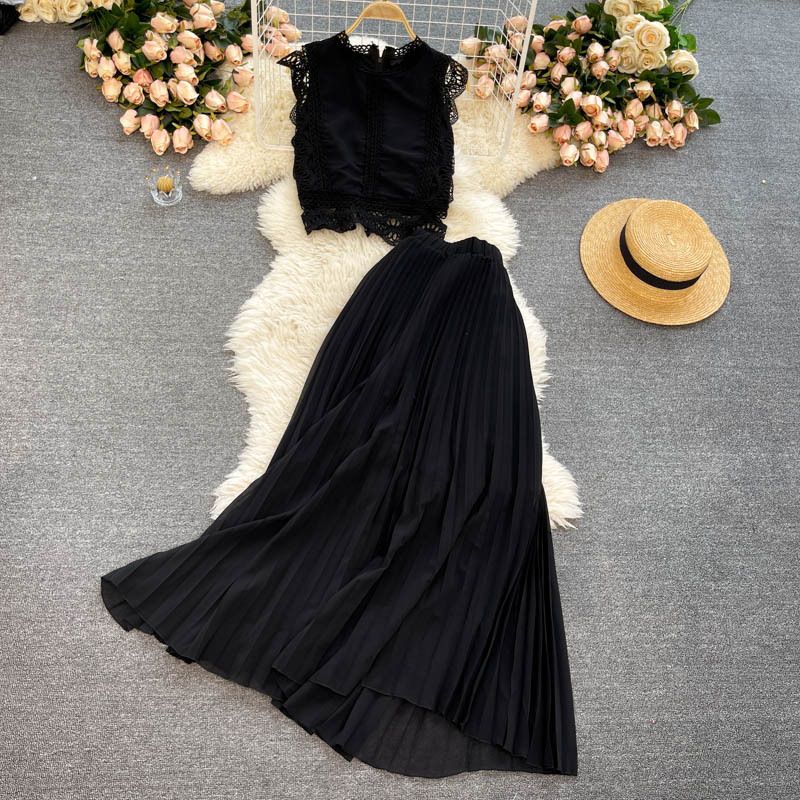 Women's Clothing lace top high waist slim pleated chiffon skirt two piece set_maomaolike.com