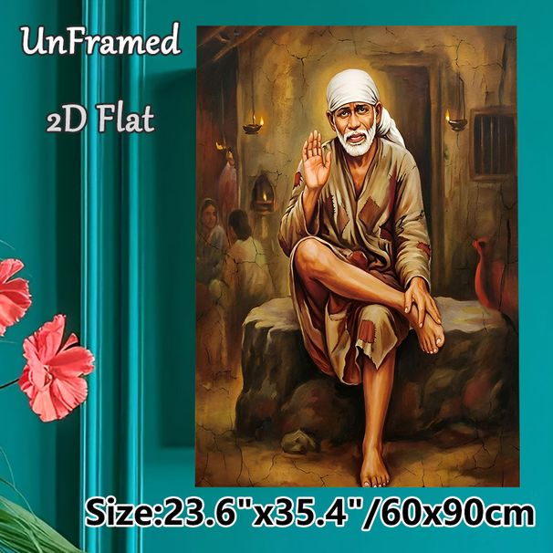 Sai Baba Themed Spiritual Painting Poster, Warm-toned Realistic Traditional Scene Poster, Serene Spiritual Artwork, Ideal For Home Prayer Space And_maomaolike.com