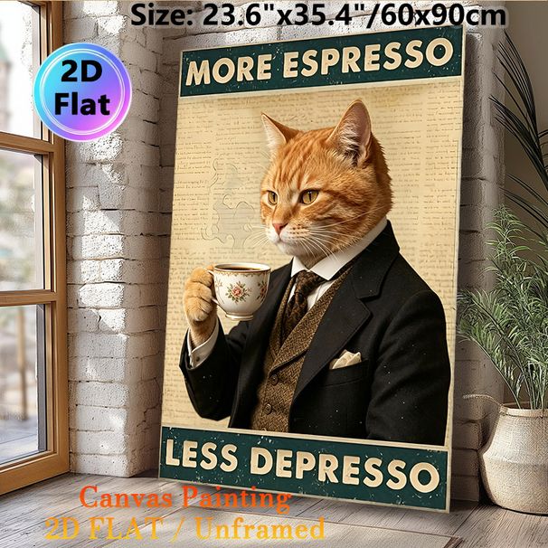 Vintage Cat & Espresso Painting Poster, Retro Nostalgic Styled Poster, Dapper Ginger Cat In Formal Suit Holding Floral Teacup With Fun Quote, Brings_maomaolike.com