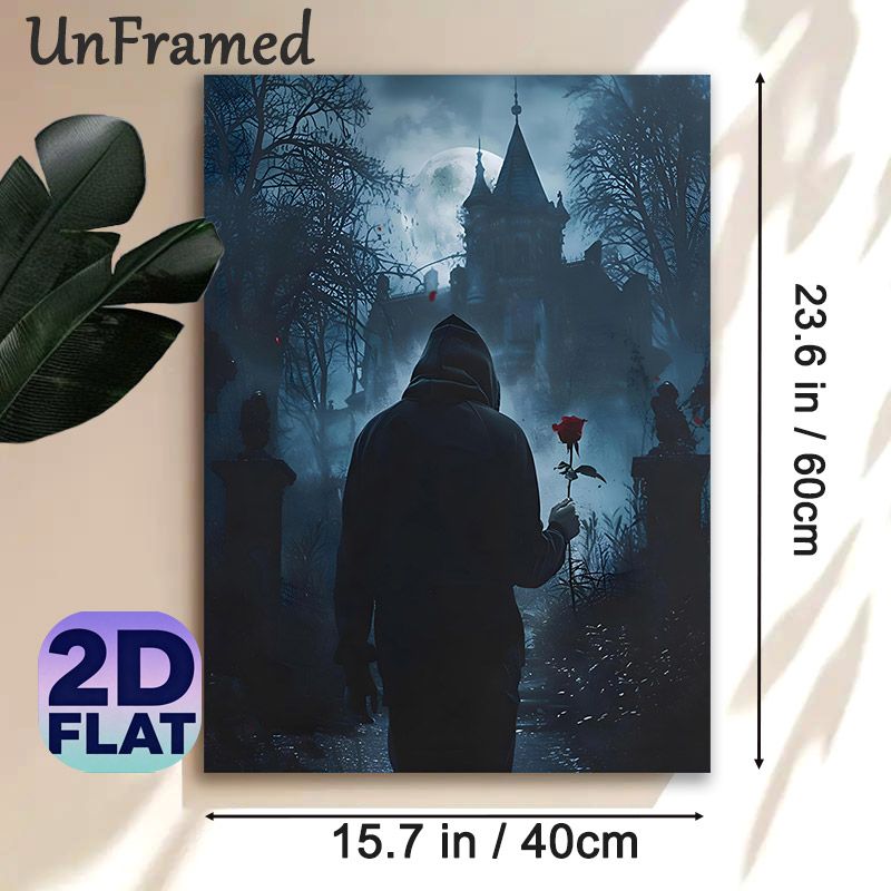 Gothic Hooded Figure With Rose Painting Poster, Mysterious Dark-toned Poster, Hooded Figure Holding Red Rose Before Moonlit Spooky Castle, Eerie_maomaolike.com