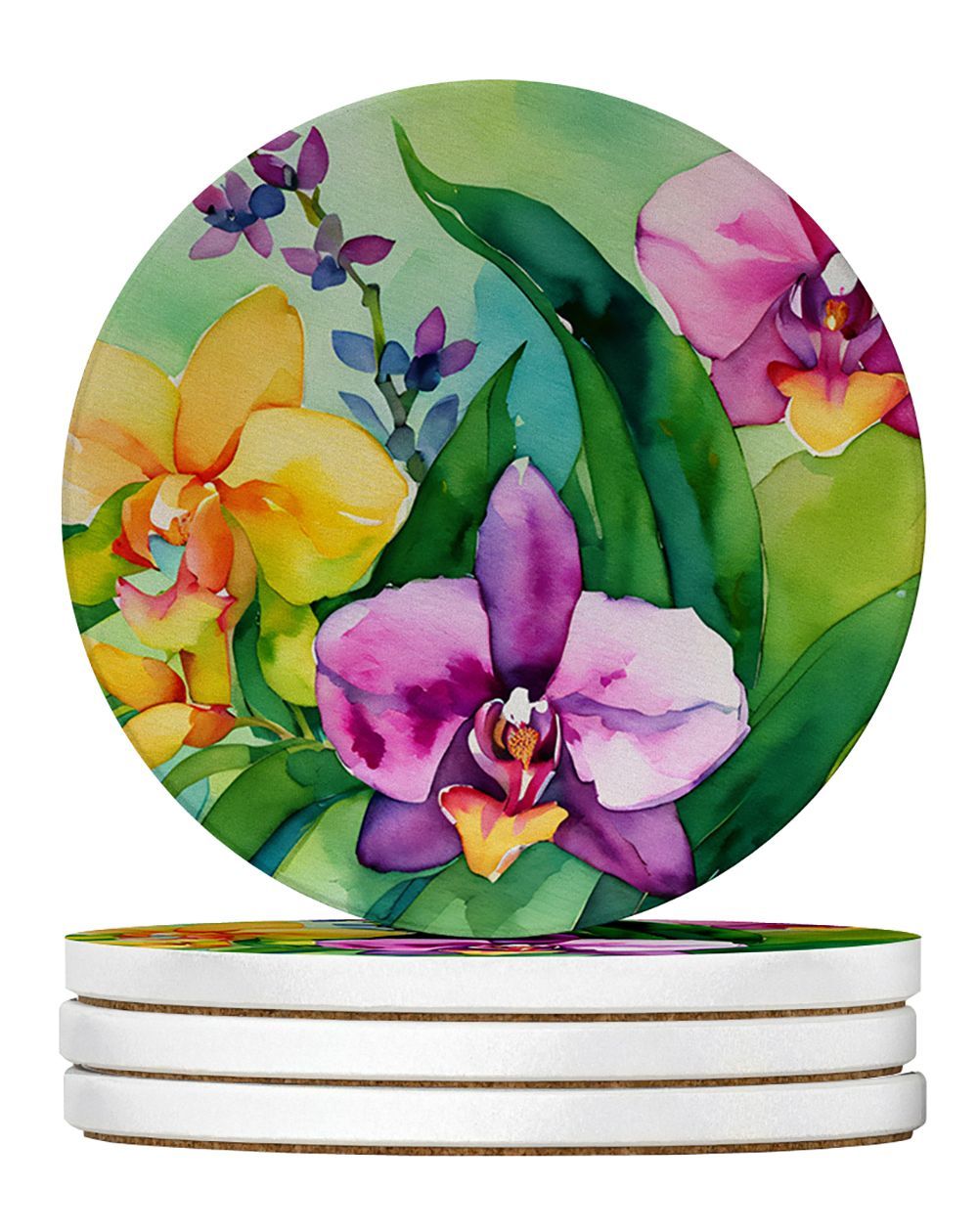 Orchids In Watercolor Large Sandstone Coasters Pack Of 4 Absorbent Round Coasters Decor Gifts For Men Or Women, 4 In, Multicolor_maomaolike.com